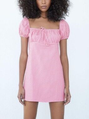 Zara Pink Gingham Puff Sleeve Mini Dress Cottagecore Picnic Barbie Coquette M